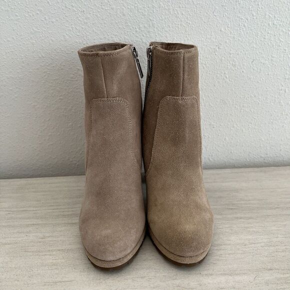 Karl Lagerfield Women Sz 6M Lenore Tan Suede Boot Lug Sole Metal Bead Heel - Picture 2 of 16